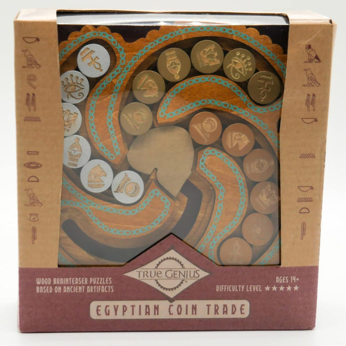 Wooden swirl-shaped coin puzzle with silver and gold tokens in a brown box with Egyptian hieroglyphics.