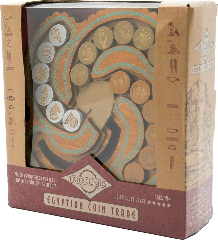 Wood brainteaser puzzle in a box featuring sliding coins with Egyptian symbols on a spiral-carved board.