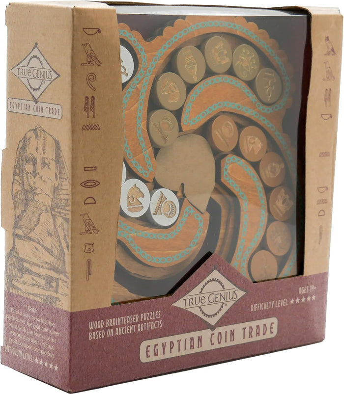 Spiral wooden puzzle with gold and silver coins in a box decorated with Egyptian hieroglyphs and a sphinx.