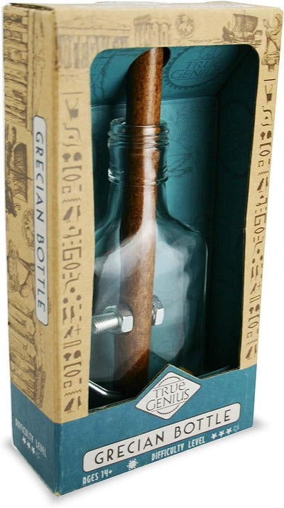 Wooden rod and metal bolt inside a clear glass bottle, packaged in a box with Greek-style illustrations.