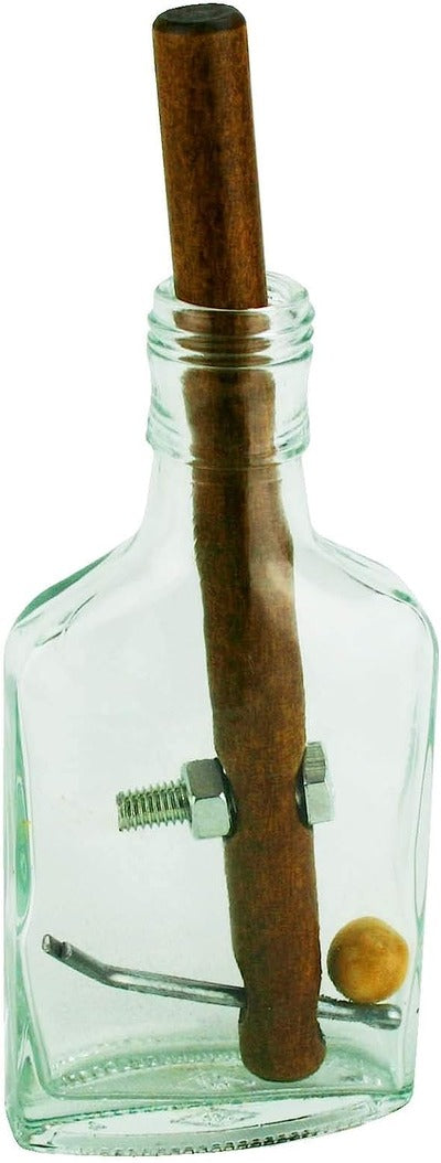 Clear glass bottle containing a wooden rod with a silver metal bolt and a pin holding a small wooden ball inside.