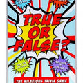 Comic style trivia game box with TRUE OR FALSE? in red text on a yellow starburst and bright, colorful background rays.