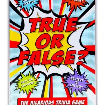 Comic style trivia game box with TRUE OR FALSE? in red text on a yellow starburst and bright, colorful background rays.