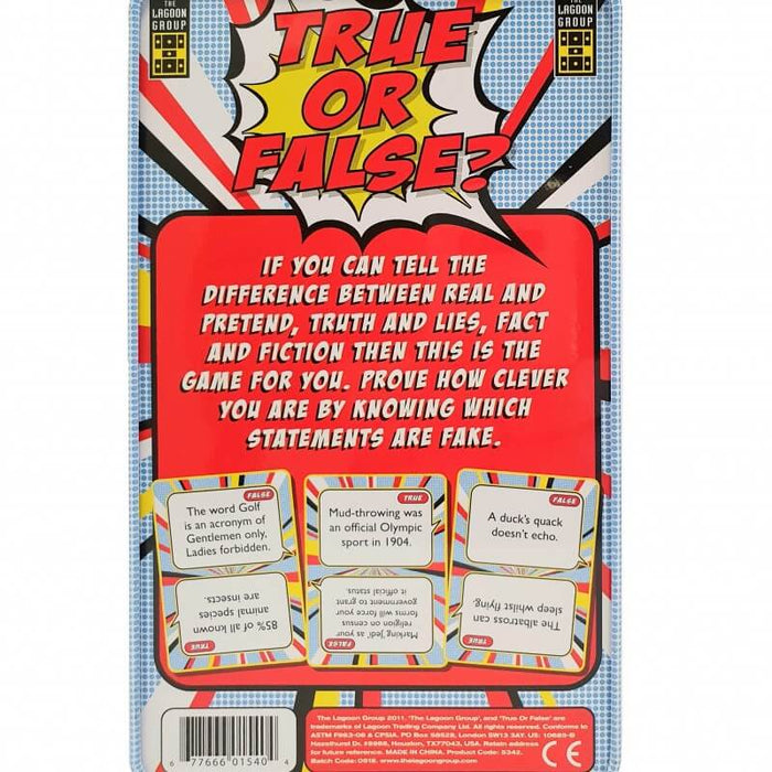 Red and blue comic-style game packaging with bold red text on a yellow starburst and three example trivia cards.