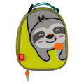 Rounded lime green lunch bag with a grey sloth holding an ice cream cone and a matching ice cream cone zipper pull.