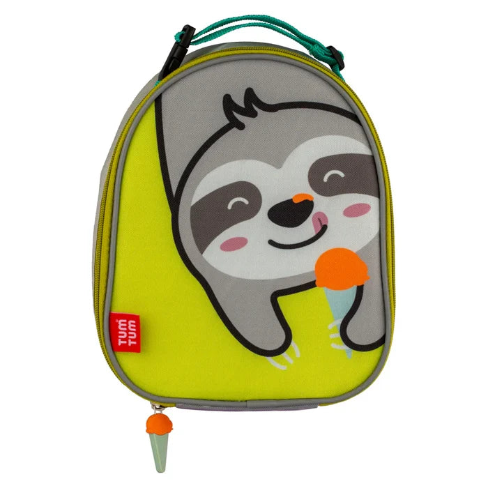 Rounded lime green lunch bag with a grey sloth holding an ice cream cone and a matching ice cream cone zipper pull.