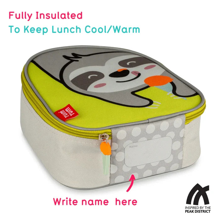 Insulated lunch bag with a smiling sloth on a lime green lid, cream sides, carrot zipper pull, and a name label area.