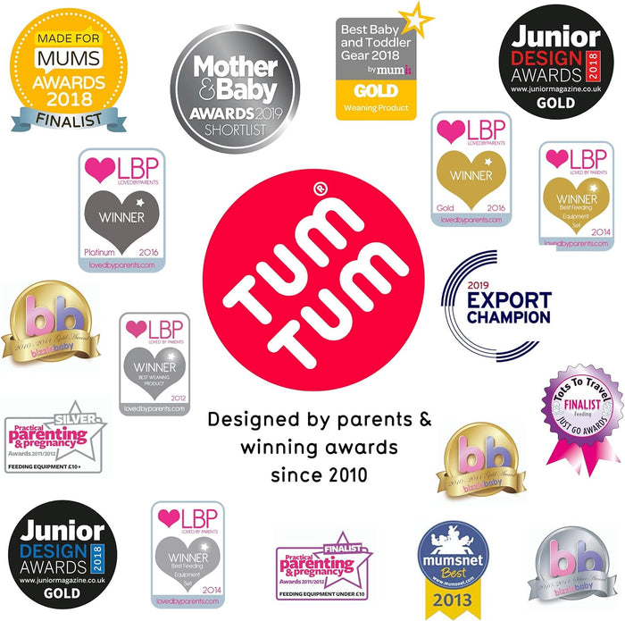 A collection of parenting award logos from 2010-2019 surrounding a large red circular TUM TUM brand logo.