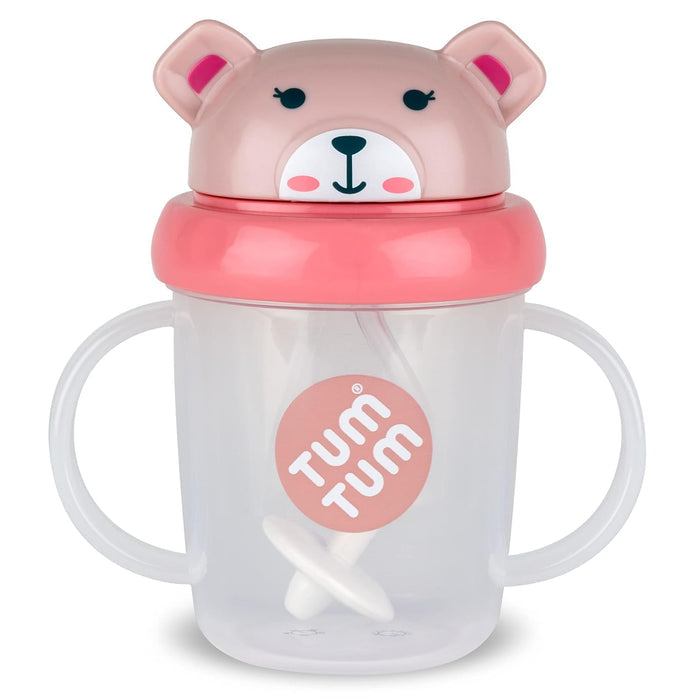 Clear toddler cup with two handles and a pink bear lid with a face and ears, featuring a weighted straw inside.