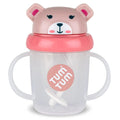 Clear toddler cup with two handles and a pink bear lid with a face and ears, featuring a weighted straw inside.