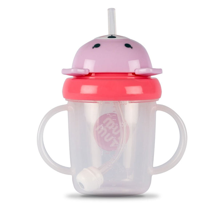 Pink and red toddler sippy cup with a bear-shaped lid, two handles, and a clear weighted straw.