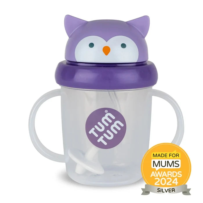 Purple owl-themed straw cup with two clear handles, weighted straw, and a 2024 Made for Mums Silver award badge.