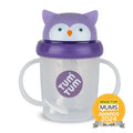 Purple owl-themed straw cup with two clear handles, weighted straw, and a 2024 Made for Mums Silver award badge.
