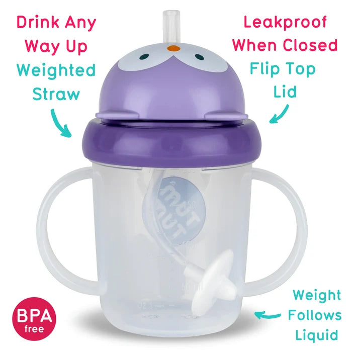 Purple baby cup with dual handles, a clear base showing a weighted straw, and a purple owl-face flip-top lid.