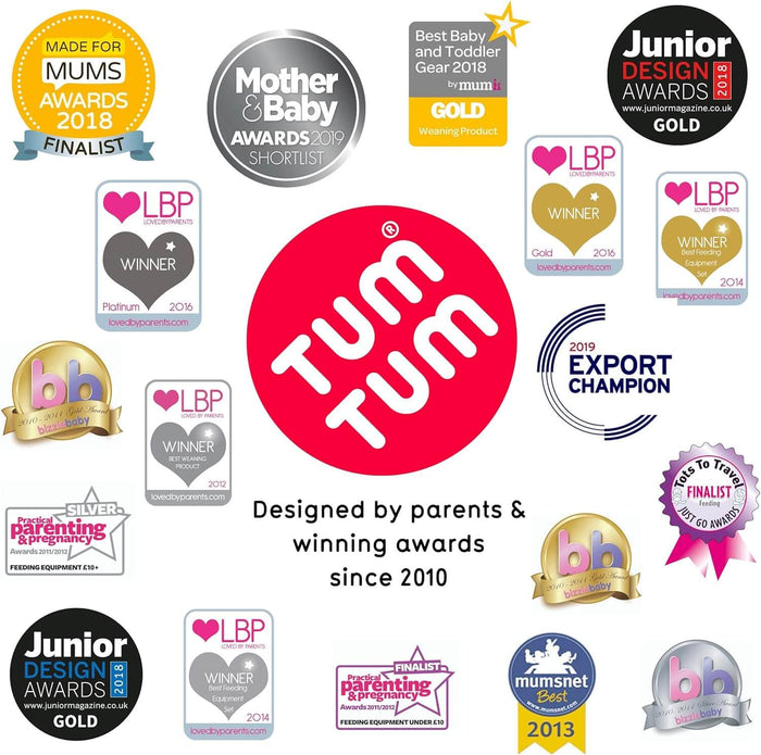 Tum Tum brand logo surrounded by numerous parenting and baby product award badges from 2010 to 2019.