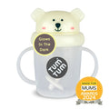 Clear training cup with handles, weighted straw, and a cream polar bear lid with black eyes, nose, and pink cheeks.