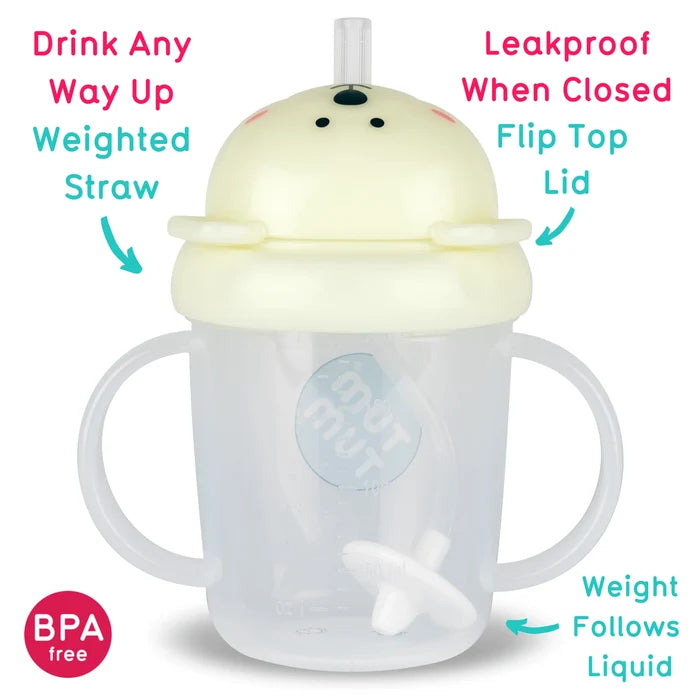 Cream polar bear flip-top sippy cup with dual handles and a clear bottle showing a white weighted straw.