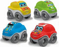 Four chunky toy cars in yellow, green, blue, and red with cartoon faces, white bases, and large grey wheels.