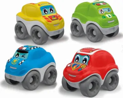 Four chunky toy cars in yellow, green, blue, and red with cartoon faces, white bases, and large grey wheels.