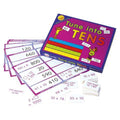 Purple math game box with colorful grid graphics, white activity boards, and small square cards with equations.