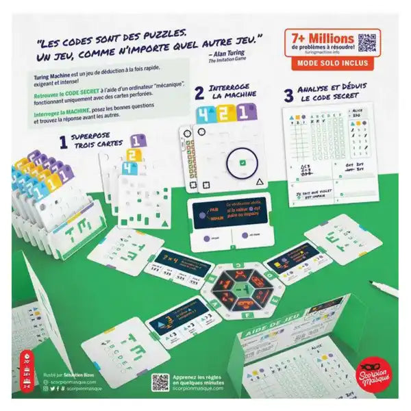 Tabletop game layout with white punched cards, colorful tabs, and a hexagonal board on a green background.