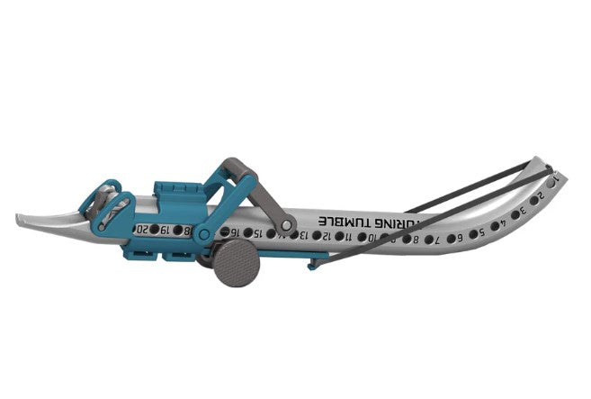 Silver curved track with blue mechanical levers, numbered 1-20 along the side, and a black rubber band.