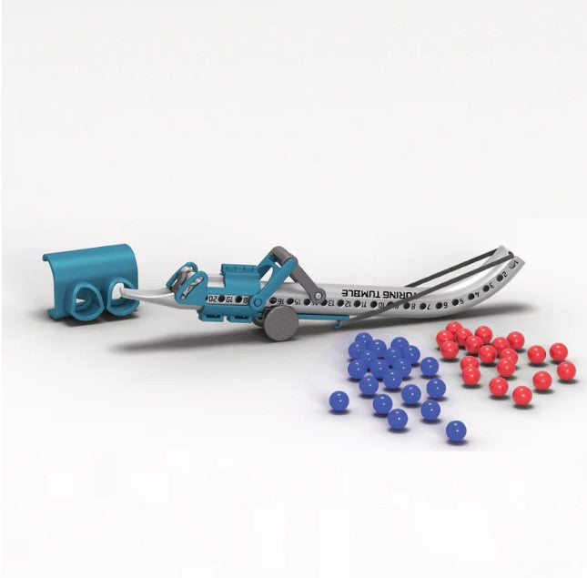 Blue and grey plastic marble loader with a numbered curved arm next to scattered red and blue marbles.