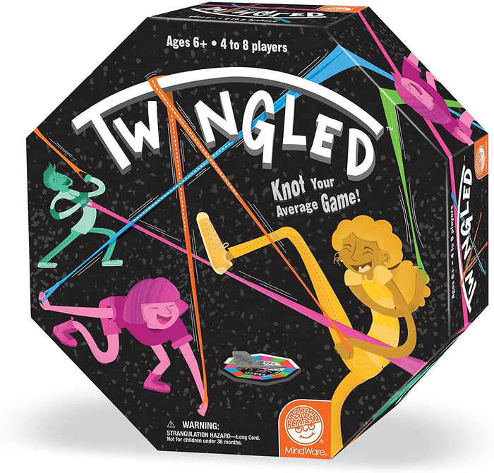 Hexagonal black game box for Twangled featuring cartoon kids entangled in bright, colorful elastic bands.
