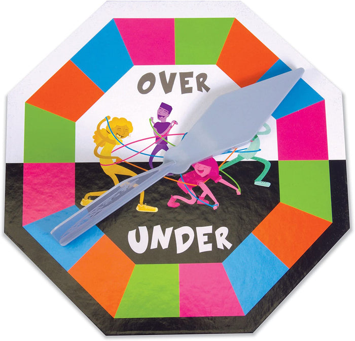 Octagonal game spinner with a grey arrow, split into white over and black under halves with colorful border segments.