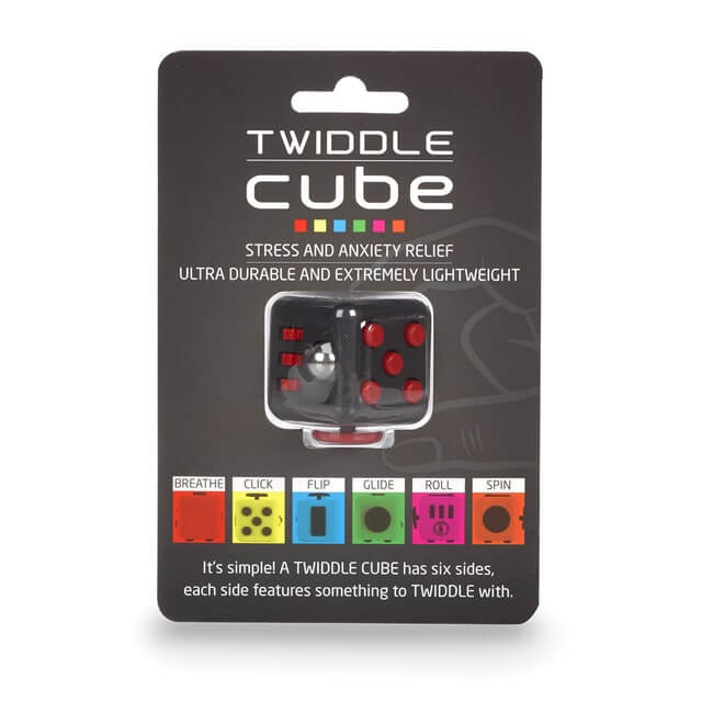 Black Twiddle Cube fidget toy with red buttons and a silver ball, in black retail packaging with colorful side labels.