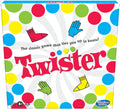 Twister game box featuring large red text, colorful dots, and hand and foot icons on a white spiral background.