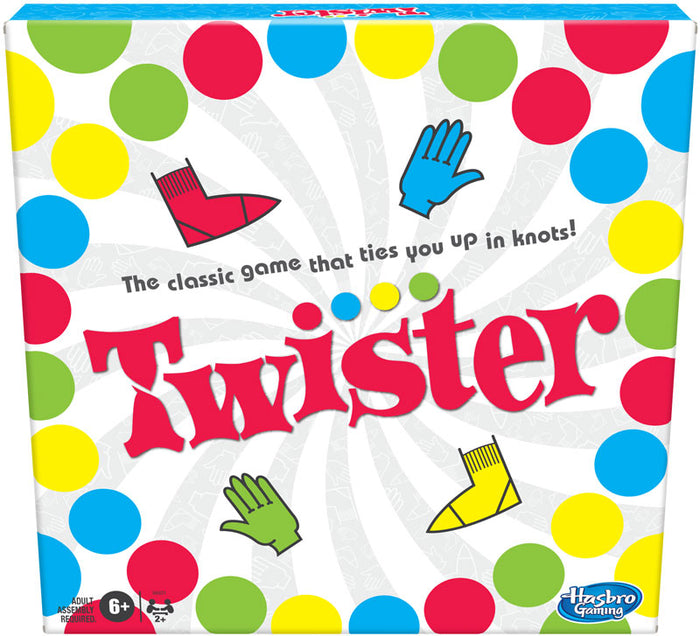 Twister game box featuring large red text, colorful dots, and hand and foot icons on a white spiral background.