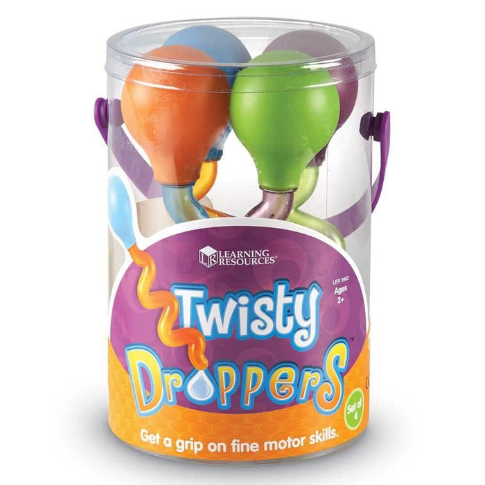 Four colorful bulb droppers with curvy translucent tubes inside a clear plastic bucket with a purple handle.