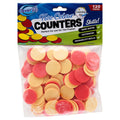120 round red and yellow double-sided plastic counters in a clear bag with a blue and white header card.
