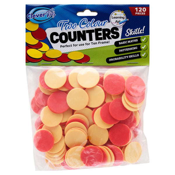 120 round red and yellow double-sided plastic counters in a clear bag with a blue and white header card.