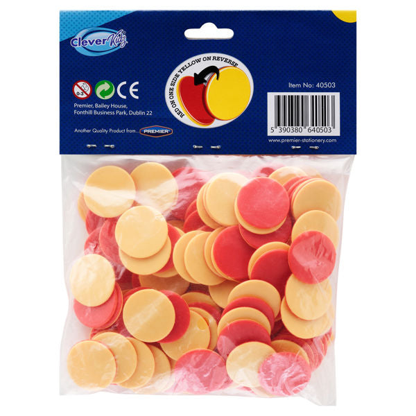 Clear bag of round double-sided red and yellow counters with a blue Clever Kidz branded header card.