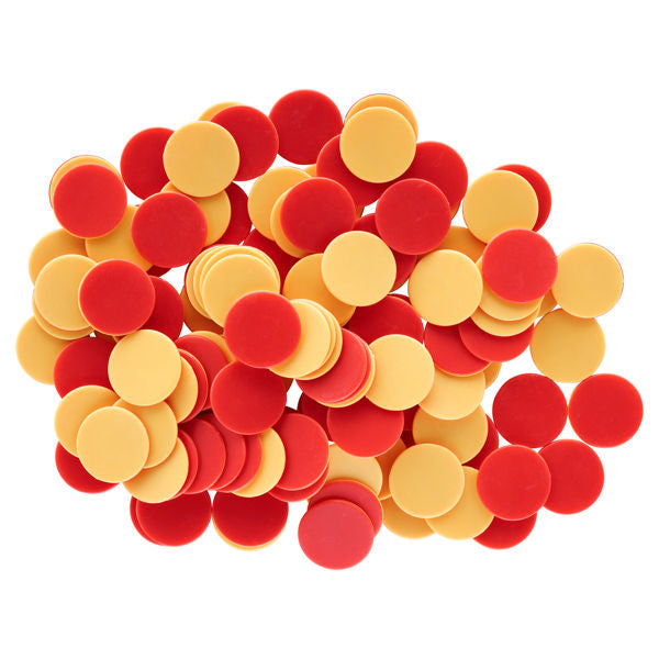 A pile of red and yellow circular plastic counters scattered on a white background.