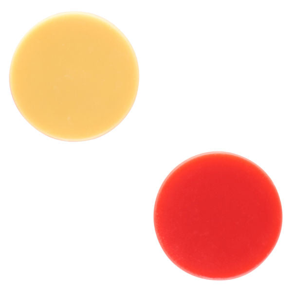 Two circular plastic discs, one yellow and one red, shown on a white background.