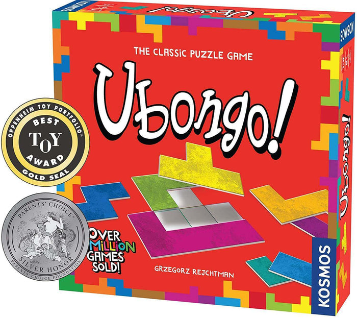 Vibrant red game box featuring colorful geometric puzzle pieces, a white stylized title, and award badges on the front.