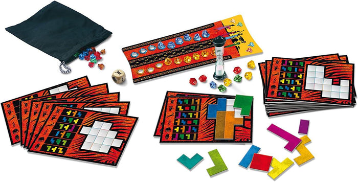 Puzzle game set with colorful geometric tiles, grid cards, a sand timer, dice, and bright gems on a white background.