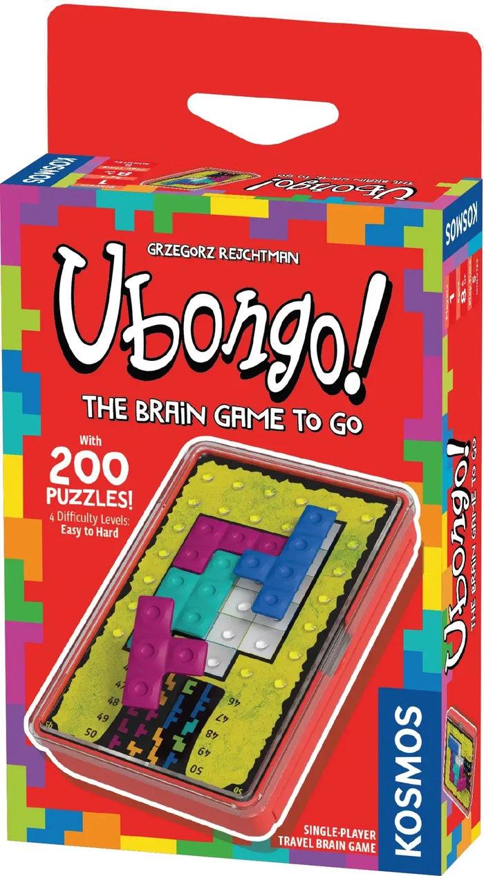 Red Ubongo game box showing a travel case with colorful plastic puzzle pieces being fit onto a yellow grid board.