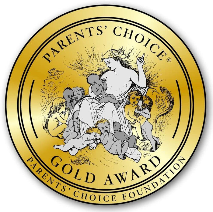 Circular gold Parents' Choice Gold Award seal with an illustration of a woman surrounded by diverse children.