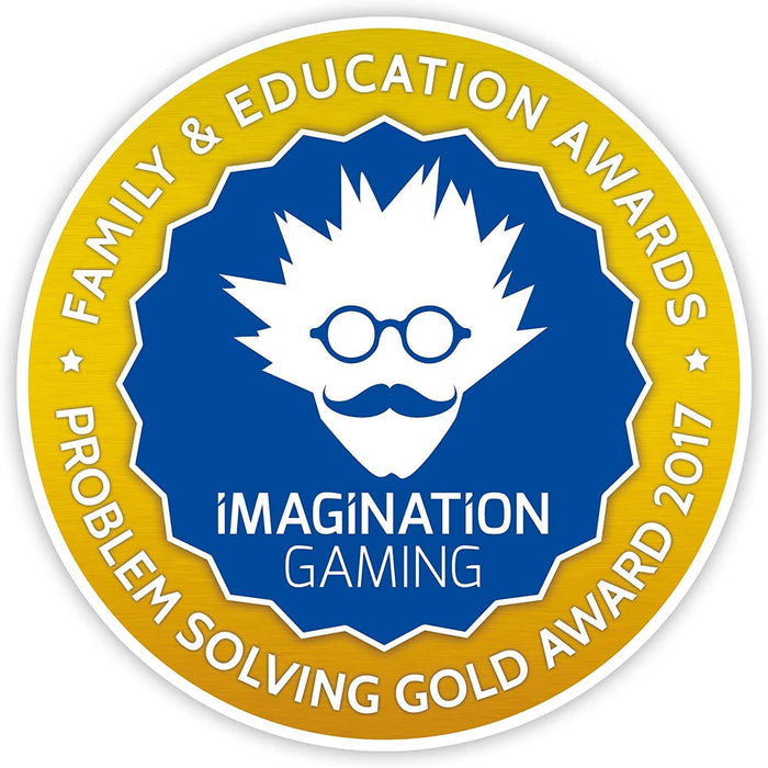Gold and blue 2017 Imagination Gaming Problem Solving Gold Award seal featuring a white professor illustration.