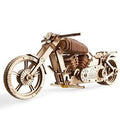 Intricate 3D wooden cruiser motorcycle model with laser-cut gears, spoked wheels, and a natural wood finish.