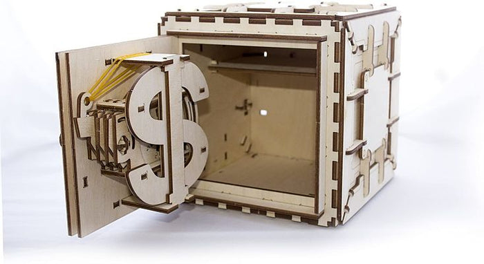 Laser-cut wooden 3D safe puzzle with an open door, featuring a dollar sign gear mechanism and rubber bands.