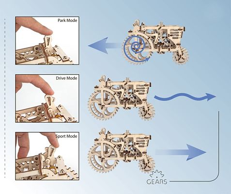 Diagram of a wooden mechanical tractor showing lever positions for three modes: Park, Drive, and Sport movement.