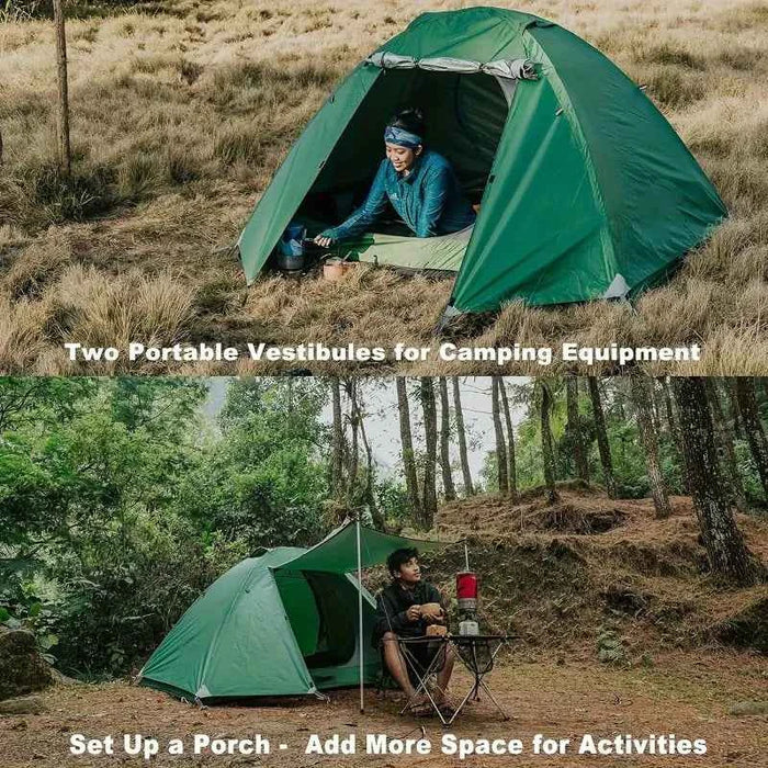 Ultralight 2-person waterproof camping tent by Mead's Supply & Equipment Outfitters with double layer and vestibules for backpacking.