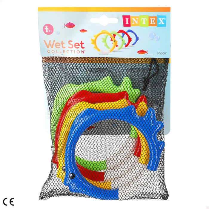 Green, red, yellow, and blue fish-shaped rings in a black mesh bag with an Intex Wet Set Collection header.