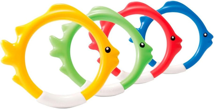Set of four fish-shaped rings in yellow, green, red, and blue with weighted white bases on a white background.