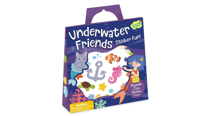 Purple tote packaging with mermaid and sea animal illustrations for a set of 60 reusable cling stickers.